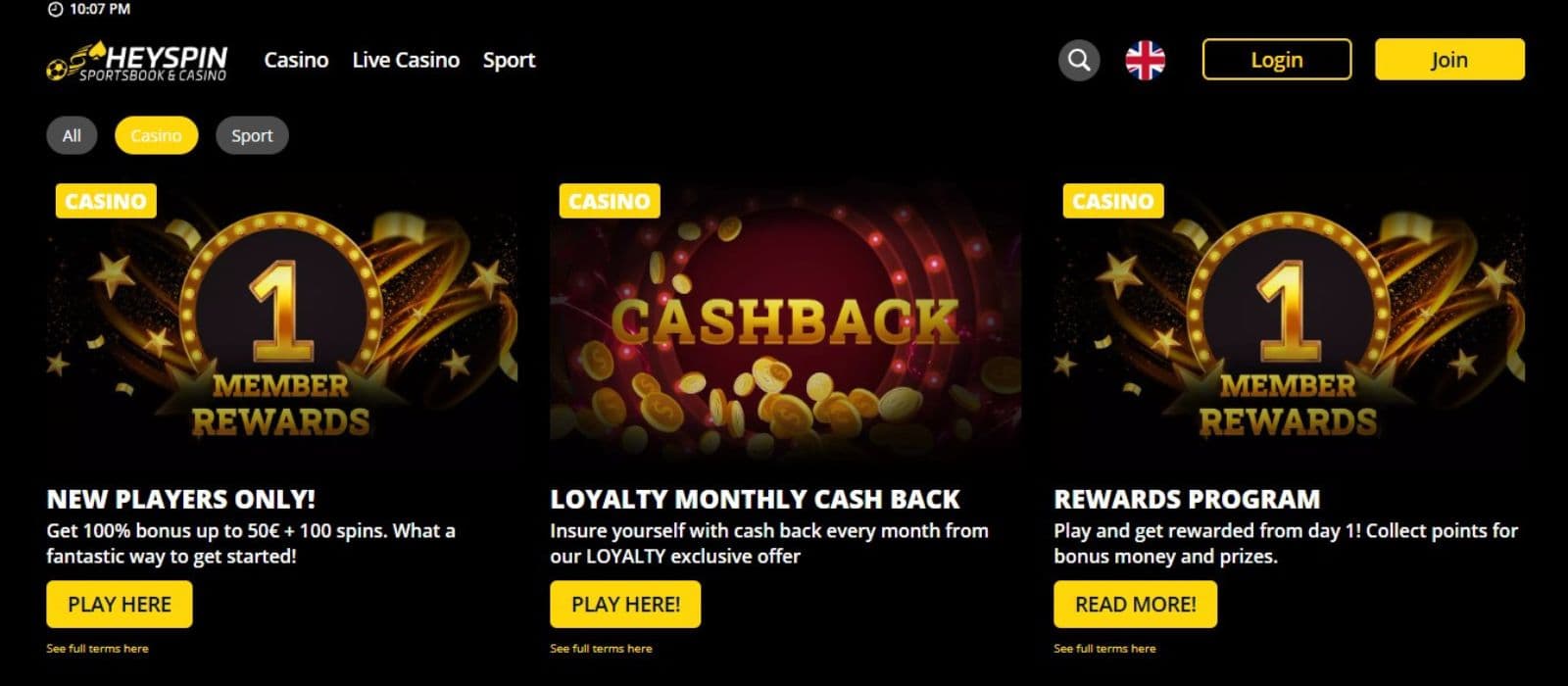 HeySpin Casino's promotions, showing the welcome bonus, monthly cashback, and loyalty program.