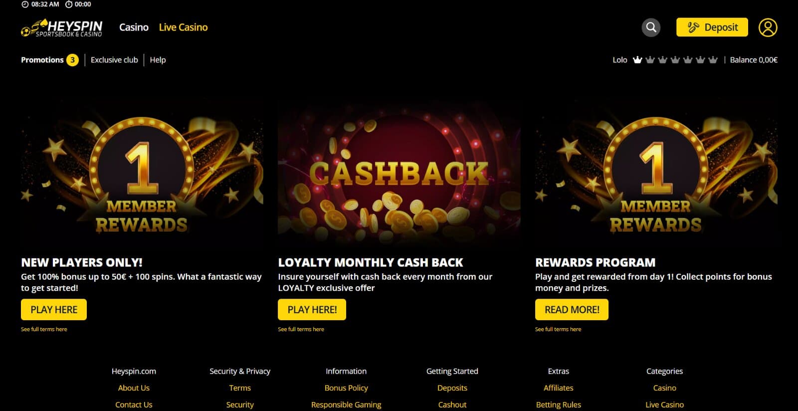 HeySpin casino promotions page with the welcome bonus banner, loyalty rewards program and cashback banner with black background