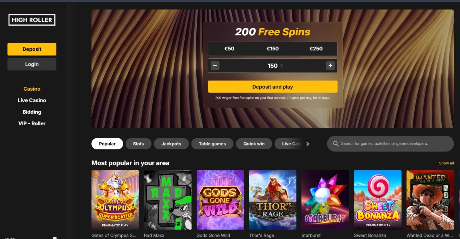   Highroller casino homepage with a sleek design and a wide selection of slots, table games, and live casino options.