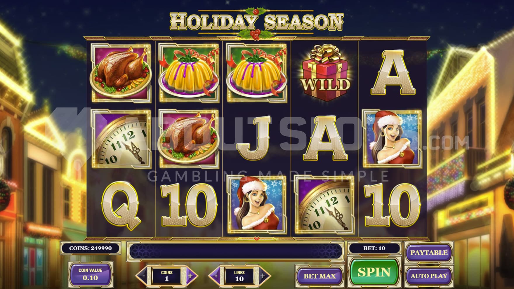 Base Game view of a 5x3 grid on a backdrop of a street decorated for Christmas with lights and ornaments.