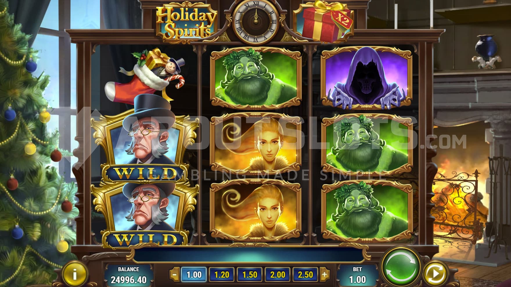 Base Game view of a 3x3 grid on a backdrop of a cozy living room decorated for Christmas.