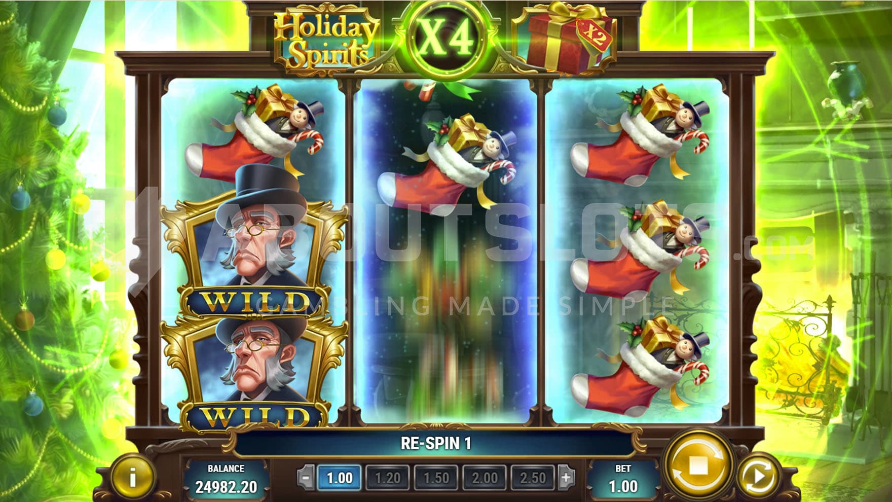 Win Spin of the Christmas Present triggered, awarding a re-spin with an x4 multiplier.