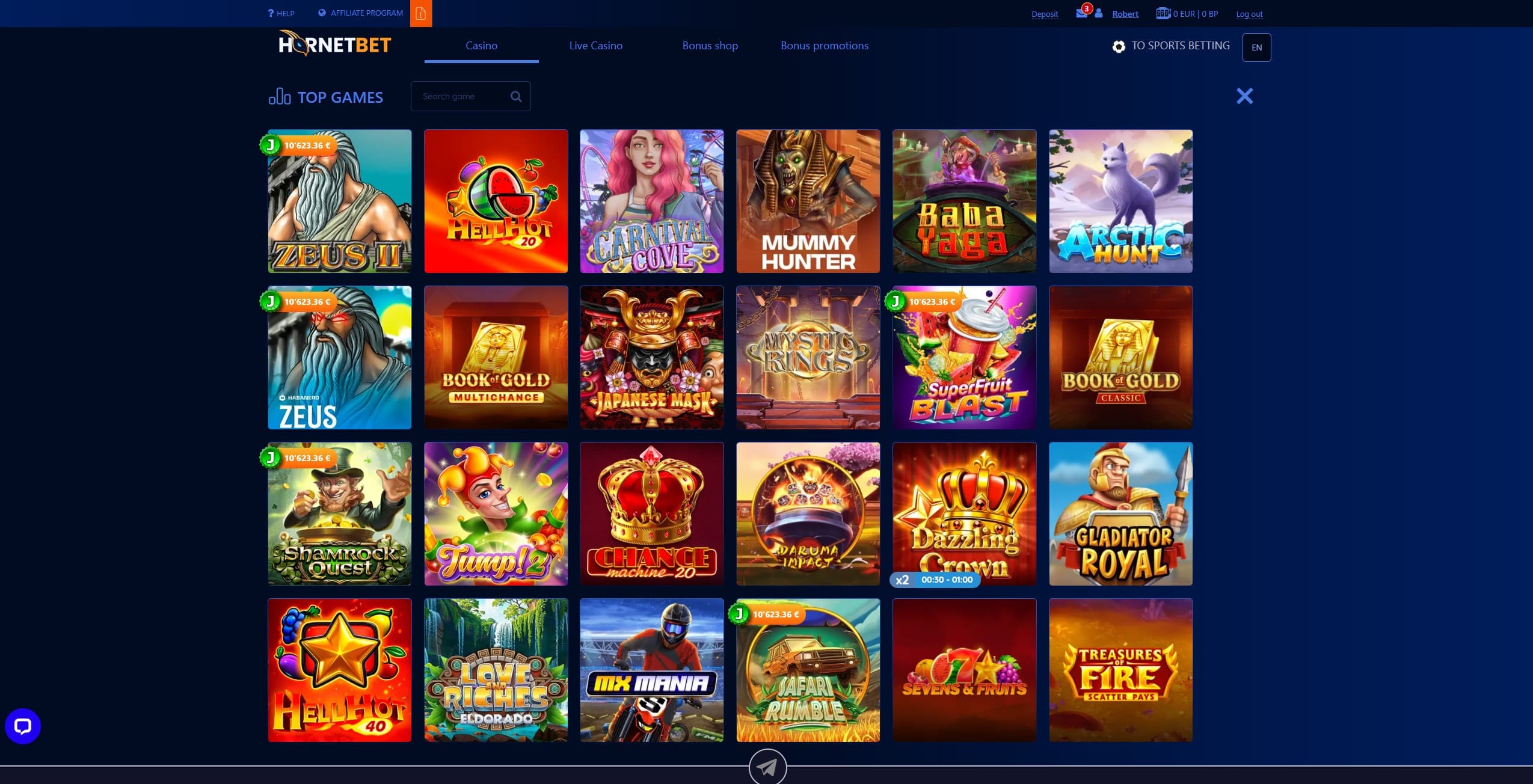 HornetBet Games Page showing a selection of popular slot games