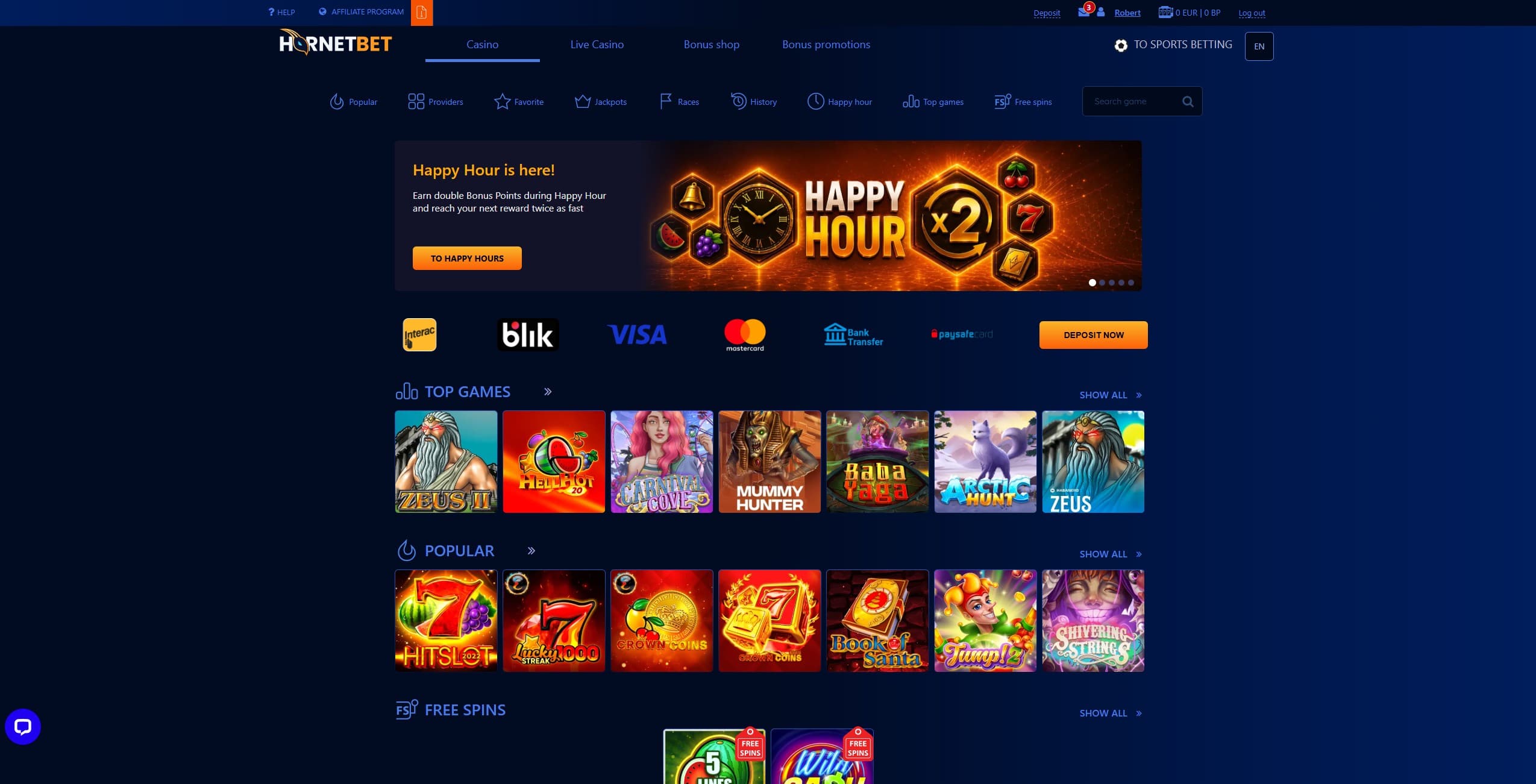 HornetBet Landing Page showing a selection of games and the main menu