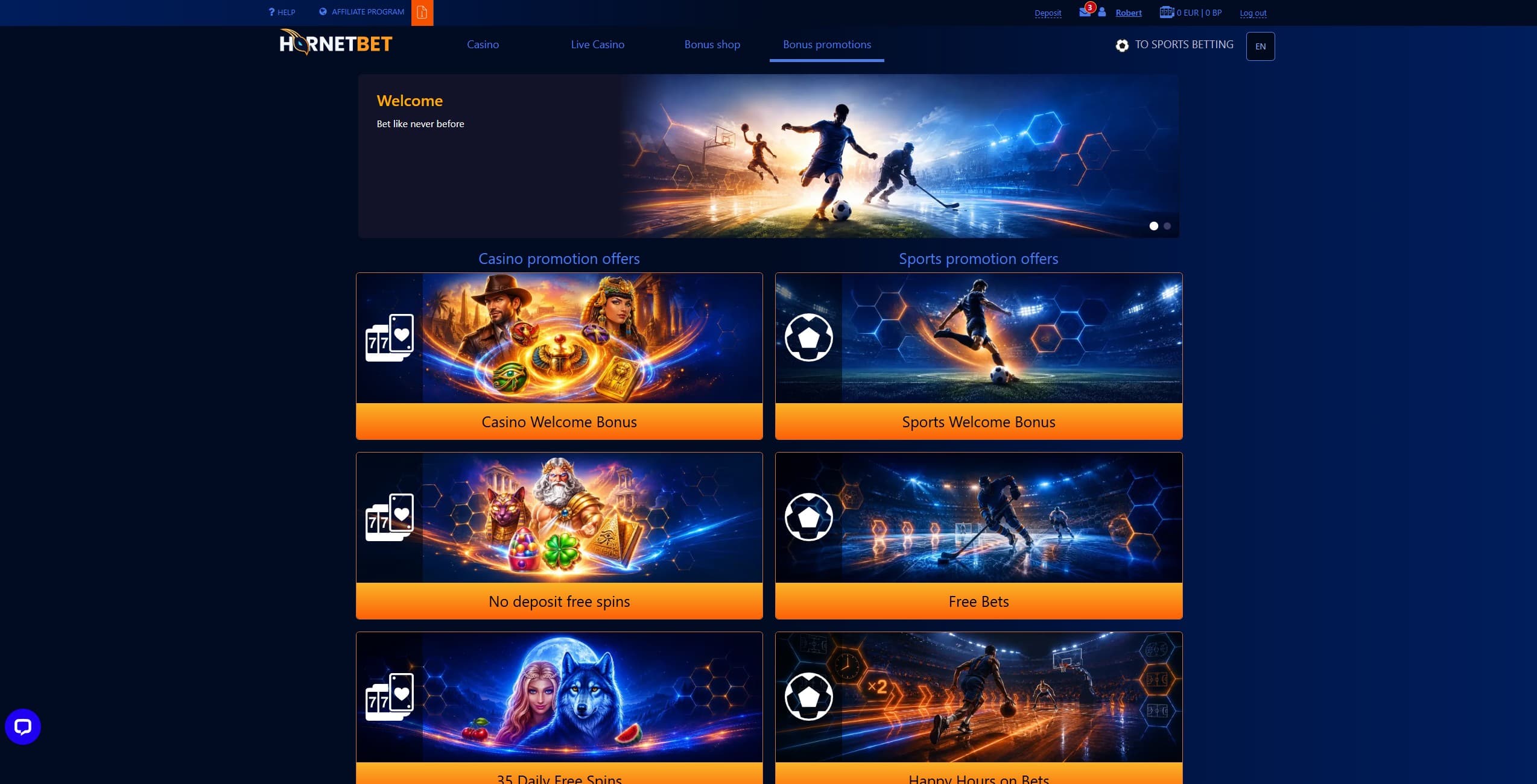 HornetBet Promotions Page showing the available bonuses and promotions