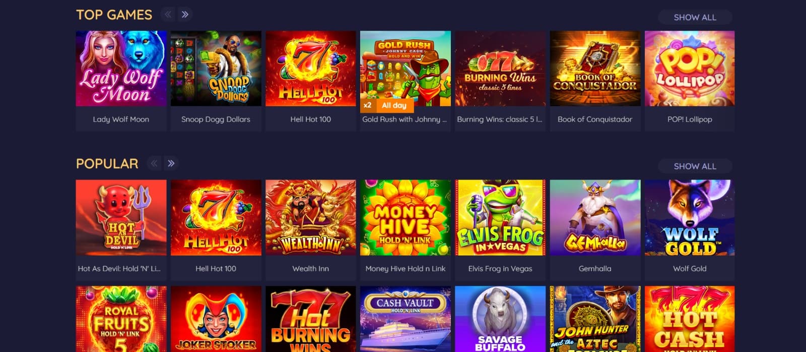 HornetBet Casino games page with top and popular slot titles such as Lady Wolf Moon, Hot as Devil 