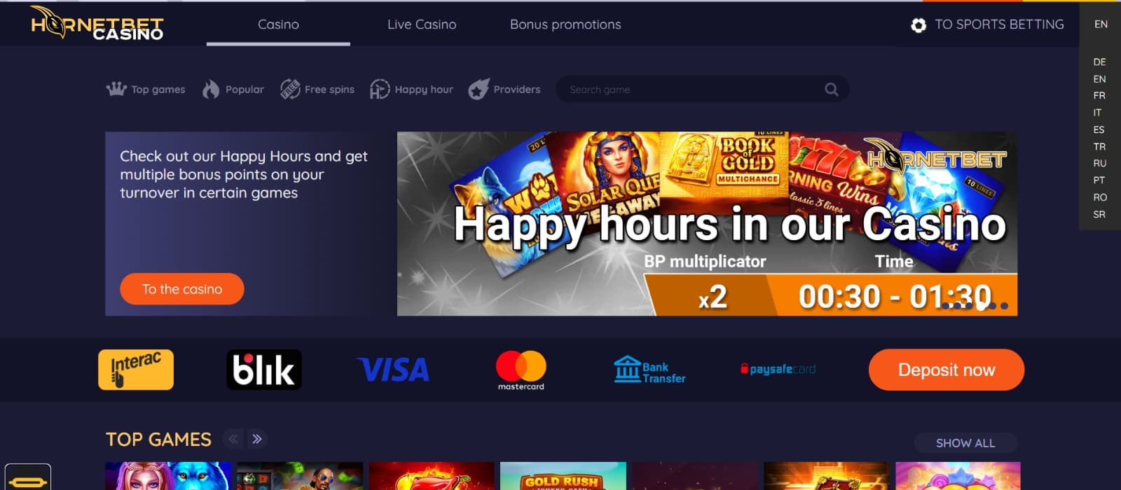 HornetBet Casino landing page with Happy Hours promotional banner above payment methods reel 