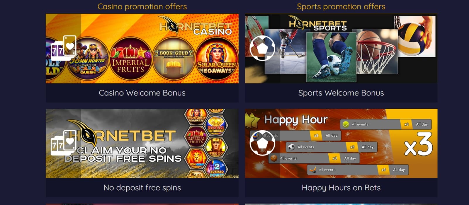 HornetBet Casino promotions page with casino and sports promotions offers  including welcome bonus and no deposit free spins