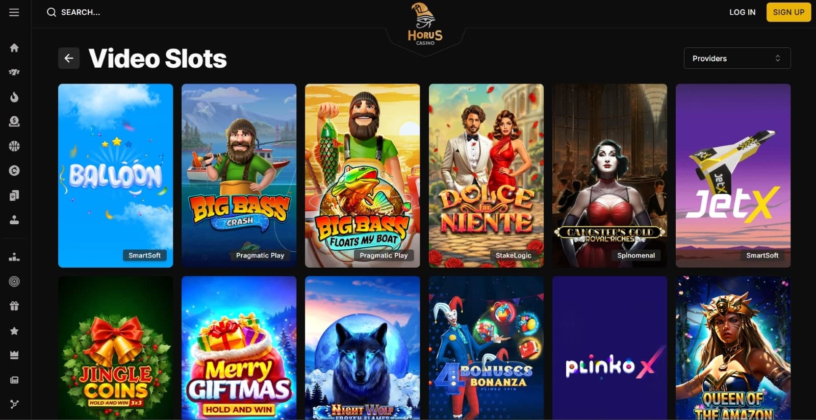 Horus Casino games page featuring video slot titles such as Big Bass and Queen of the Amazon