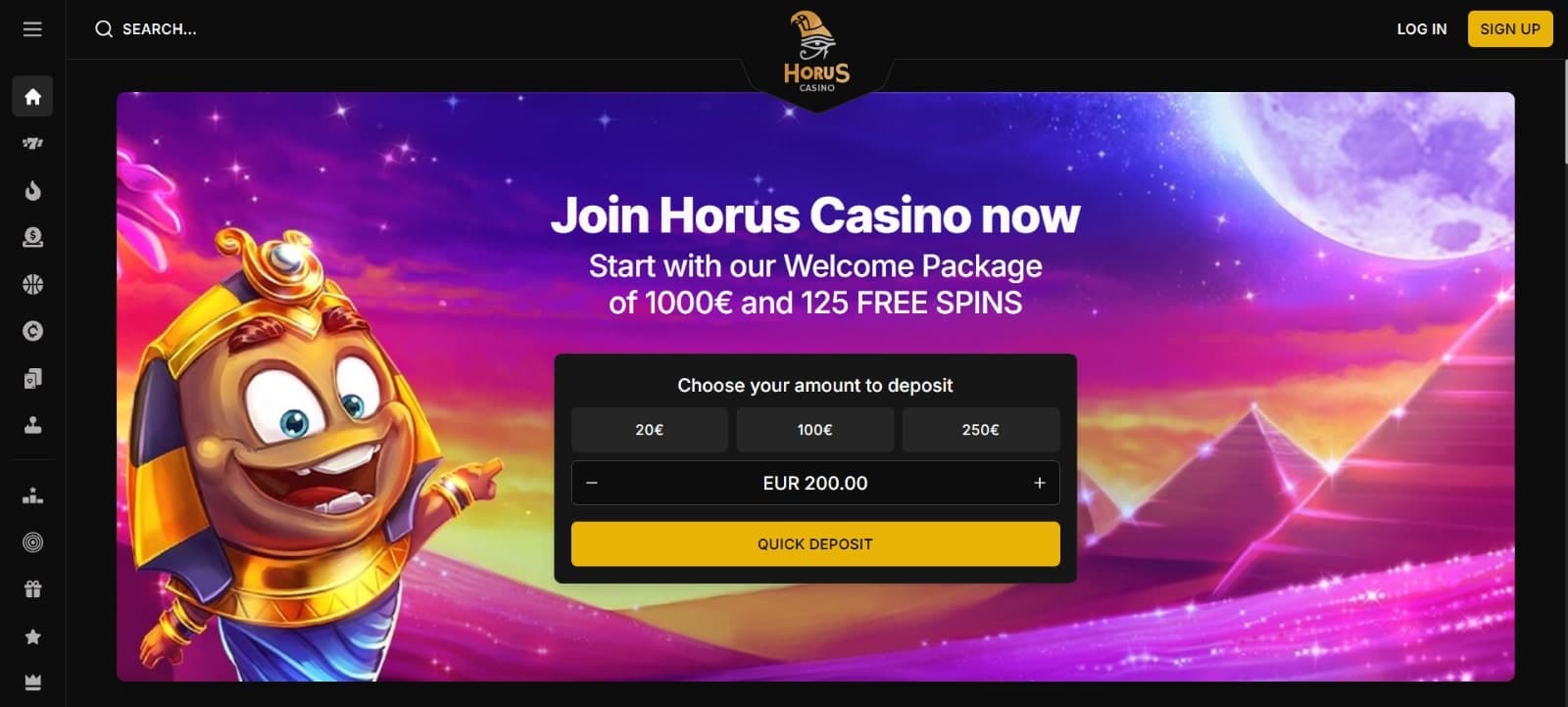 Horus Casino landing page with welcome pack of 1000 eur presented by pharaoh mascot