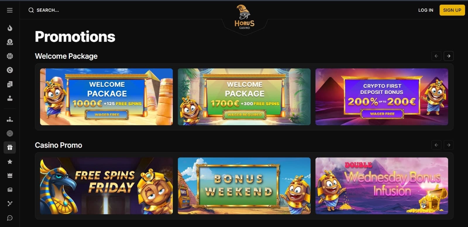 Horus Casino promotions page with no wagering and wagering welcome bonuses presented by Egyptian mascot 