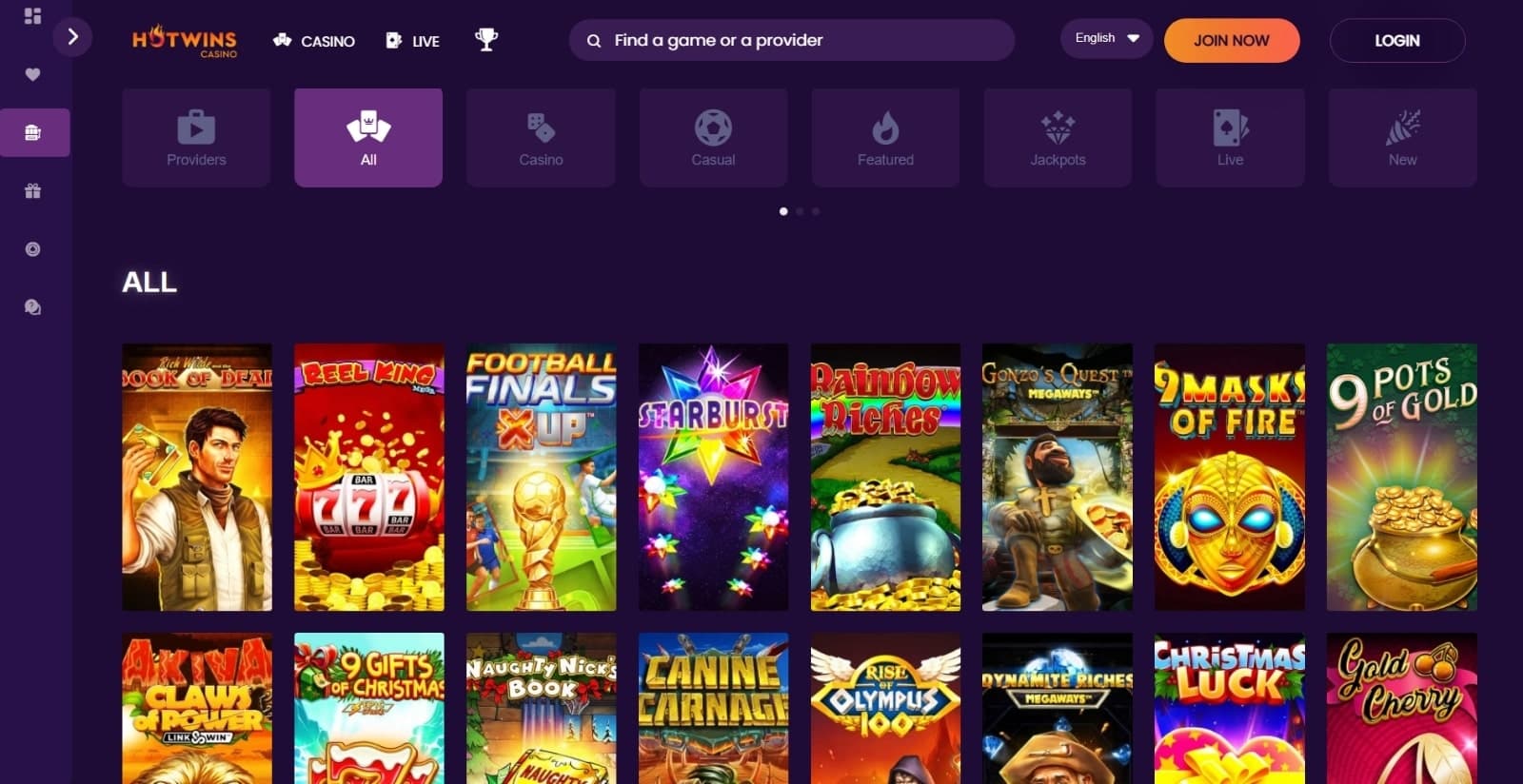 HotWins Casino games page with the colorful slot icons for Book of Dead, Starburst and others, game categories and side navigation menu