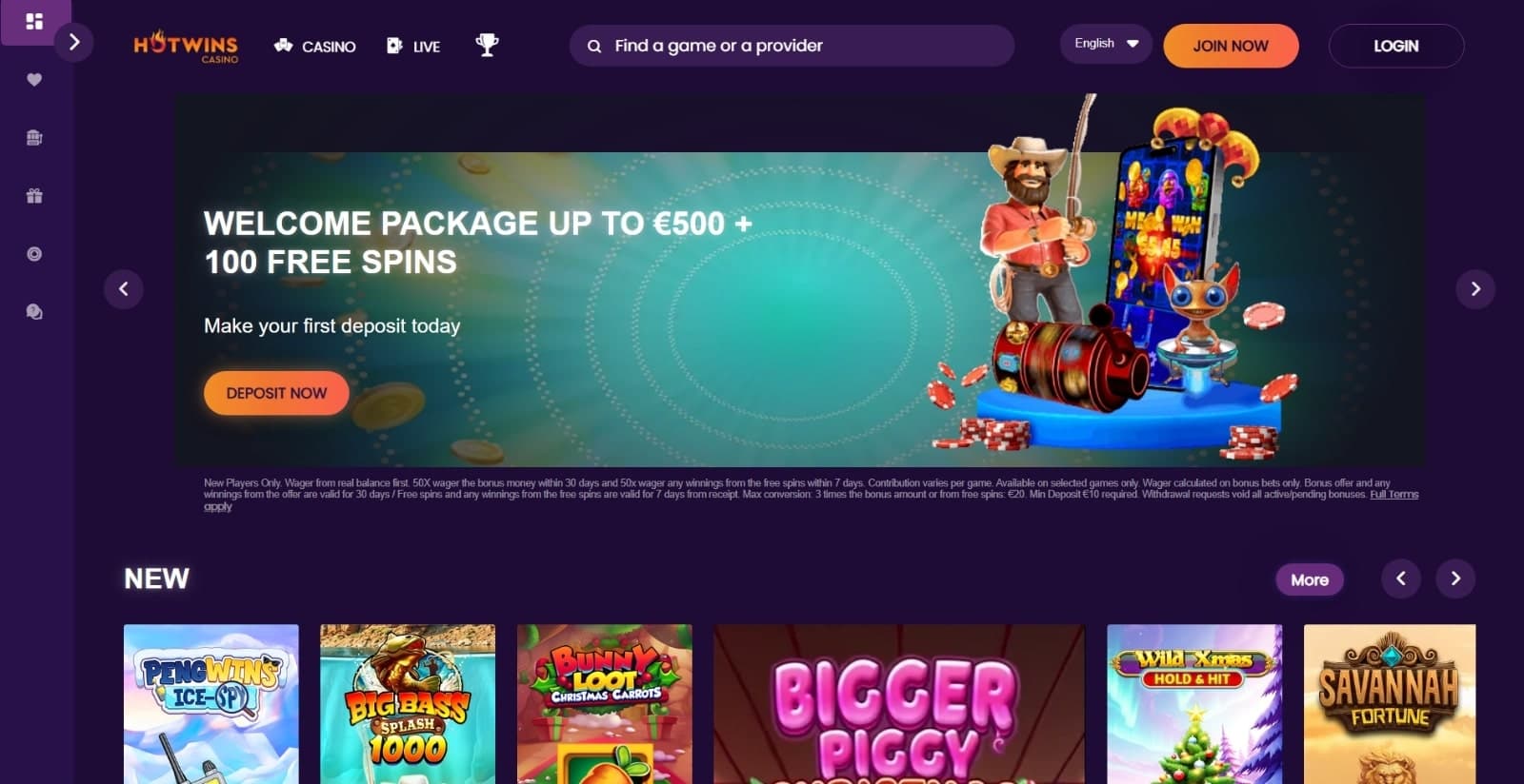 HotWins Casino landing page with the welcome bonus offer banner of 500 euros and 100 free spins, new slot game section and sidebar navigation