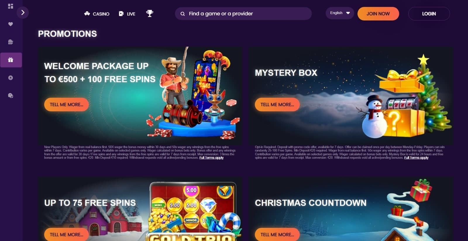 HotWins Casino promotions page with the welcome bonus, mystery box, free spins, wheel of the week, and other offers and their respective banners and descriptions