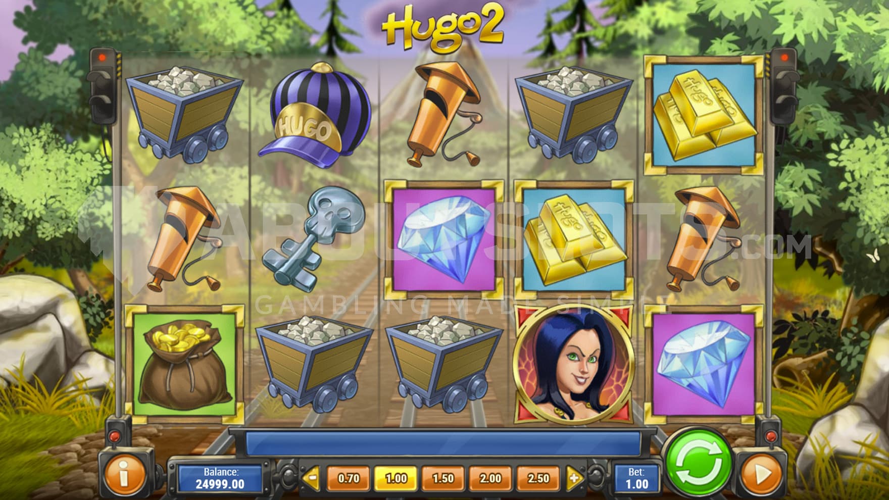 Base Game view of a 5x3 grid on a backdrop of a cartoony forest.