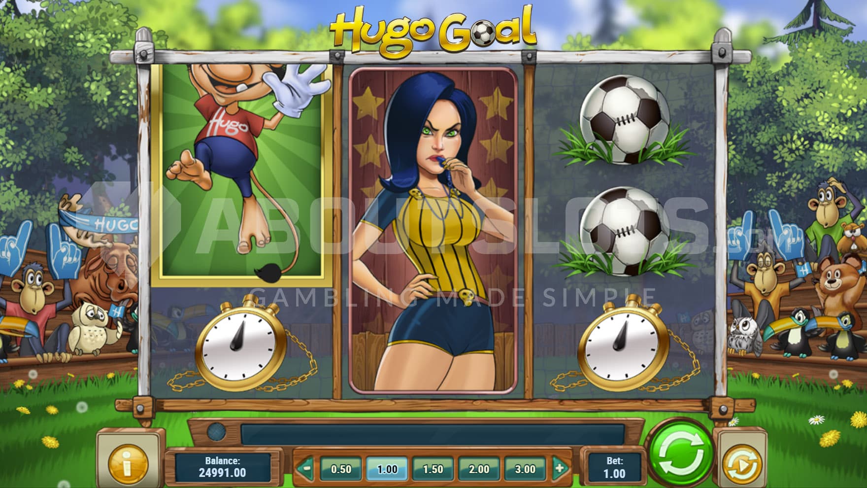 Base Game view of a 3x3 grid on a backdrop of a football stadium with various animals as the audience.