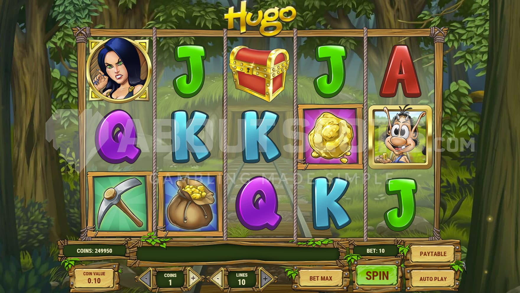 Base Game view of a 5x3 grid on a backdrop of a cartoony forest with a railroad track running through the middle.