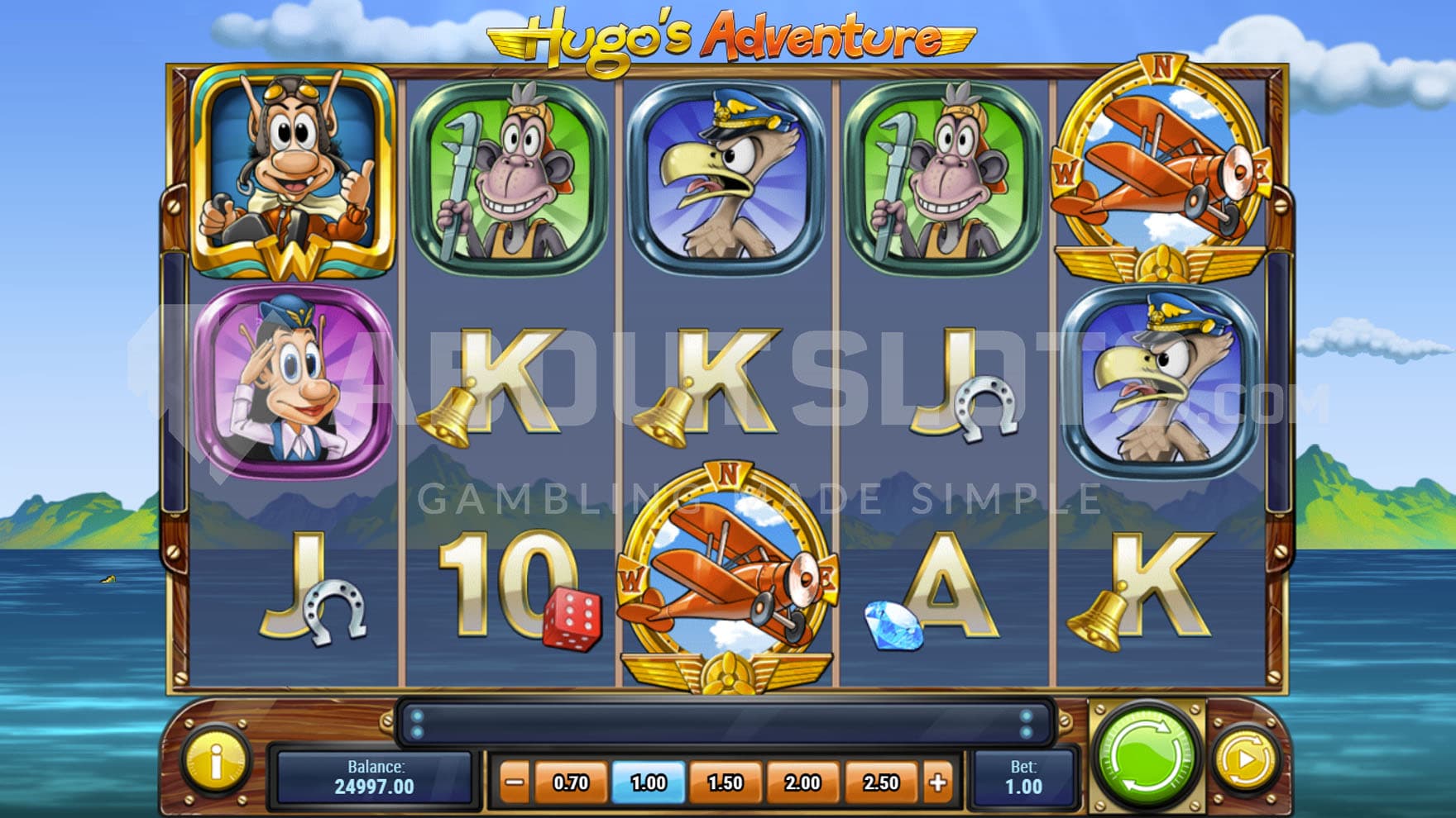 Base Game view of a 5x3 grid on a backdrop of a body of water and green mountains further in the distance.