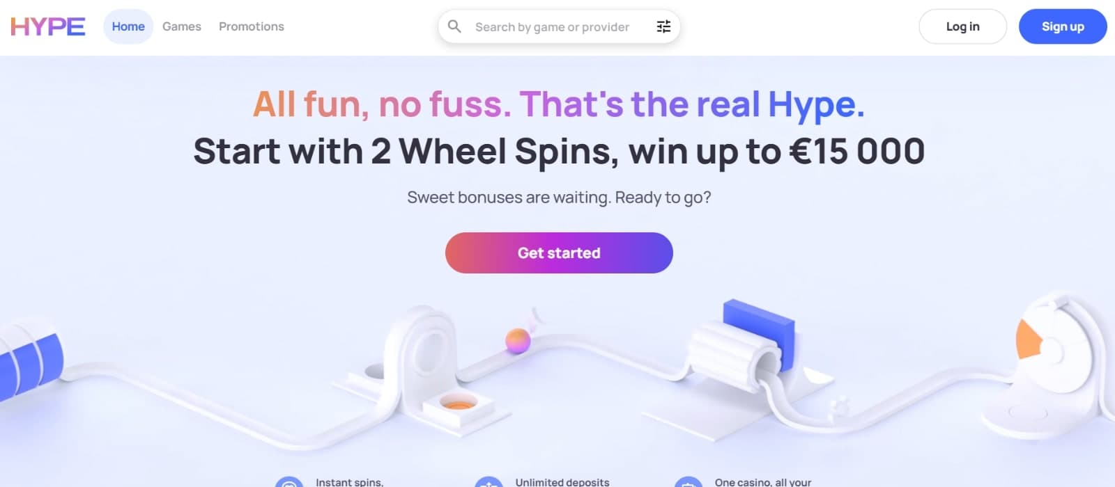 HypeKasino's landing page with the 15,000 euro welcome jackpot banner and Get started button