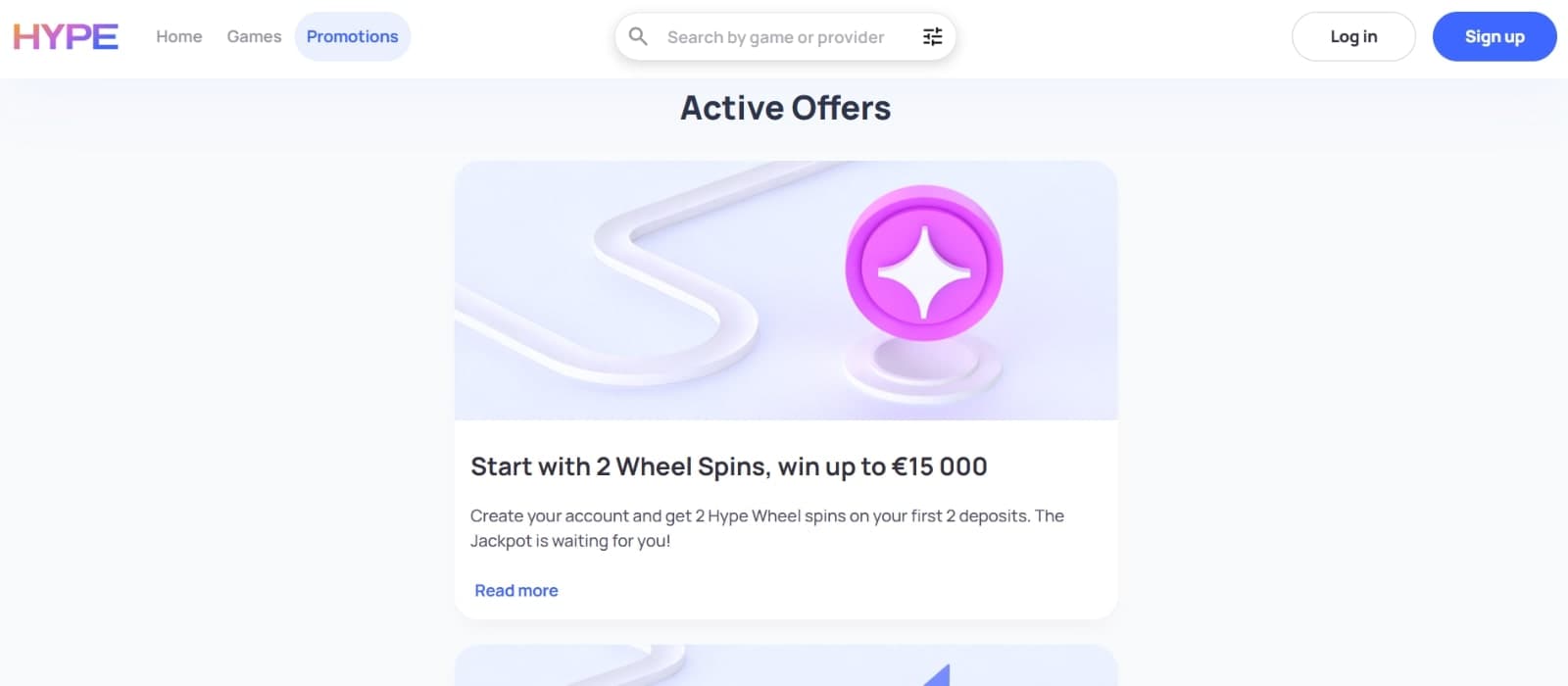HypeKasino promotions page featuring the active offers, including the 2 Wheel Spins welcome bonus 