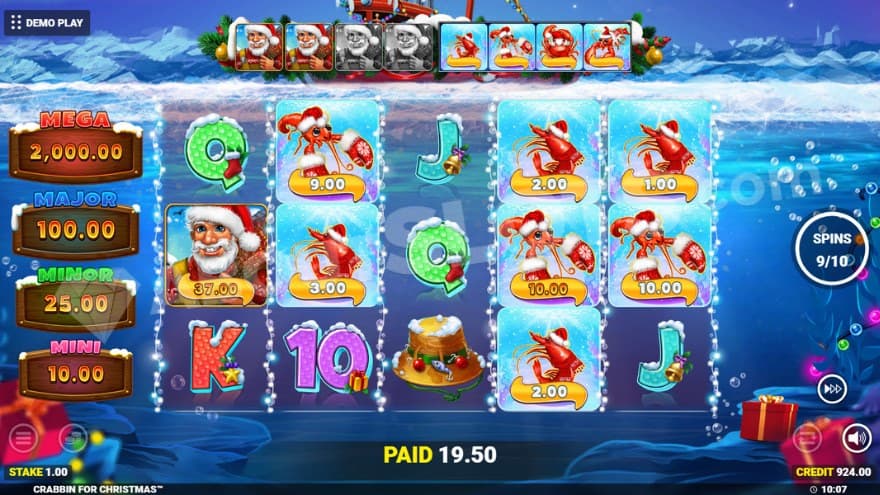 Free Spins bonus game where you can see Santa on the first reel.