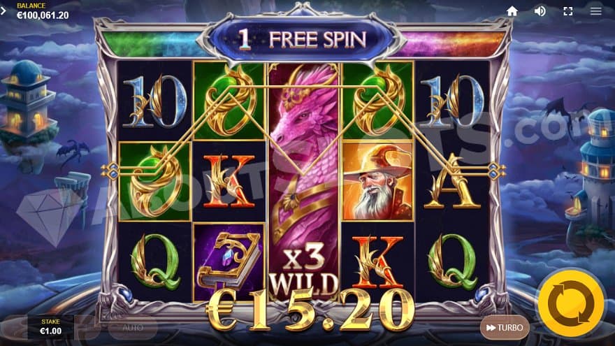 A win of 15.2X in the Free Spins with the Dragon Queen Wild on the middle reel.