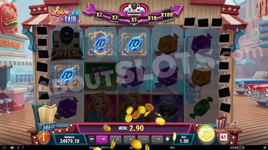 Base game win where you can see the win multiplier above the reels.