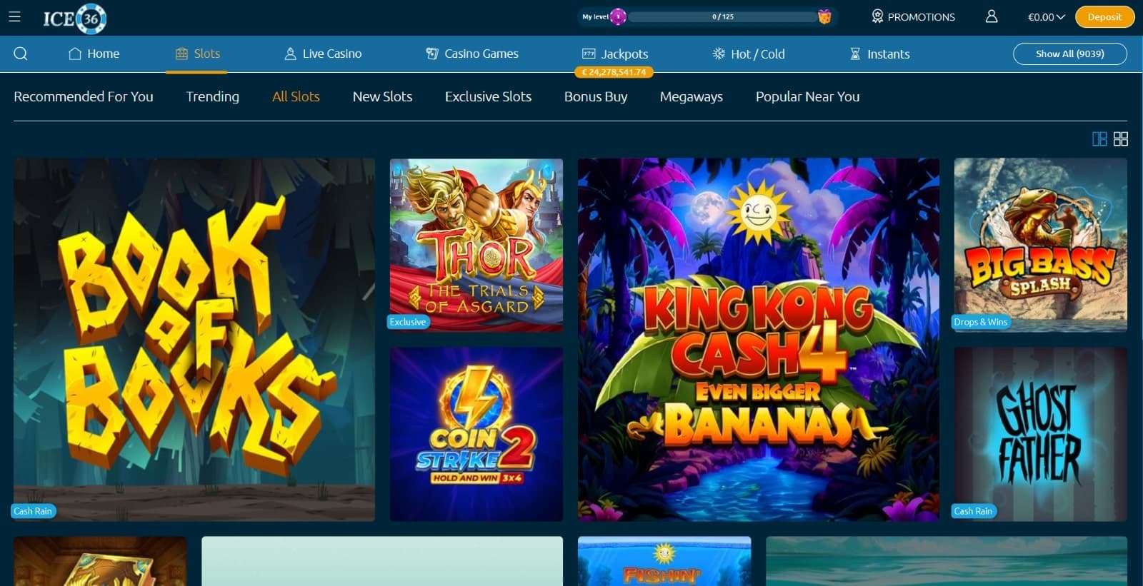 Ice36 Casino games page displaying slot titles such as Book of Books, Big Bass Splash and Ghost Father