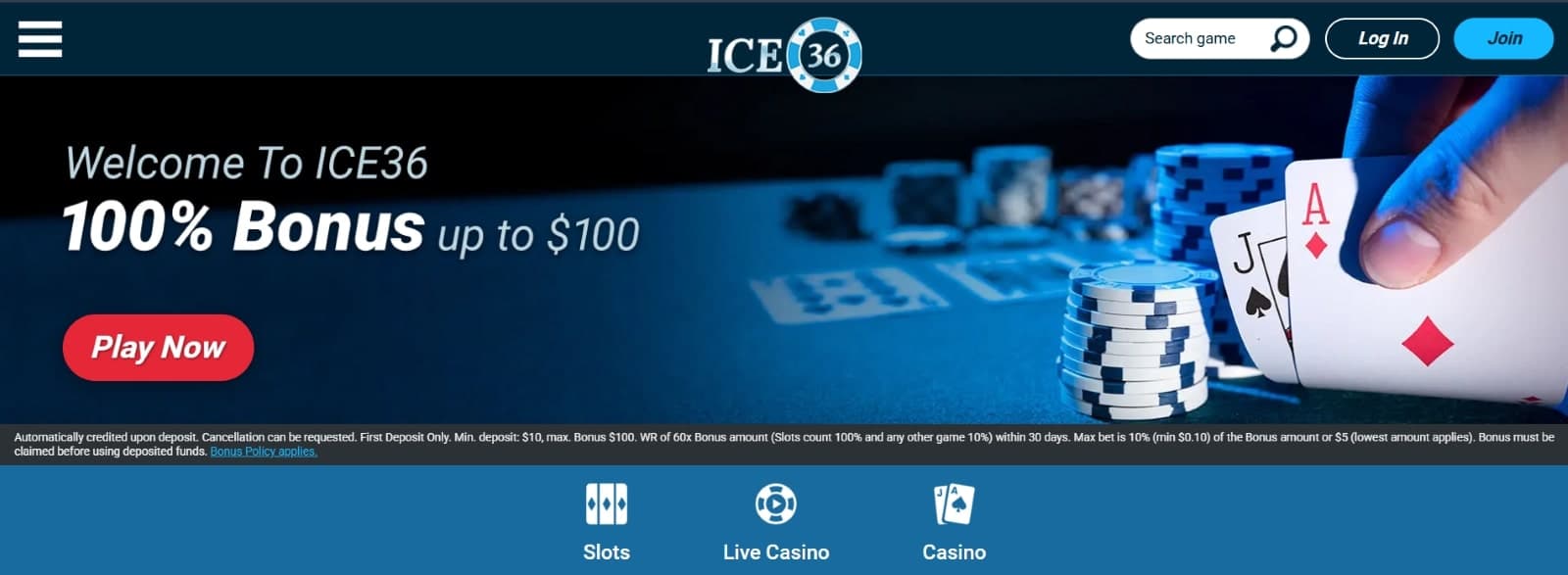 Ice36 Casino landing page featuring the 100% welcome bonus of up to 100 dollars/euros over an image with poker cards and chips