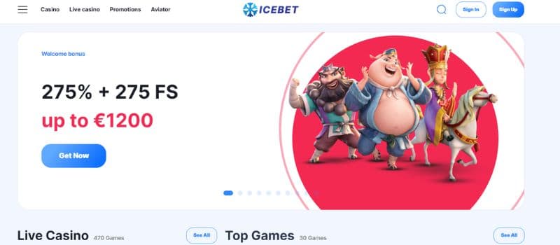 The main page for IceBet, which displays a menu at the left top and an image for a welcome bonus for new players.