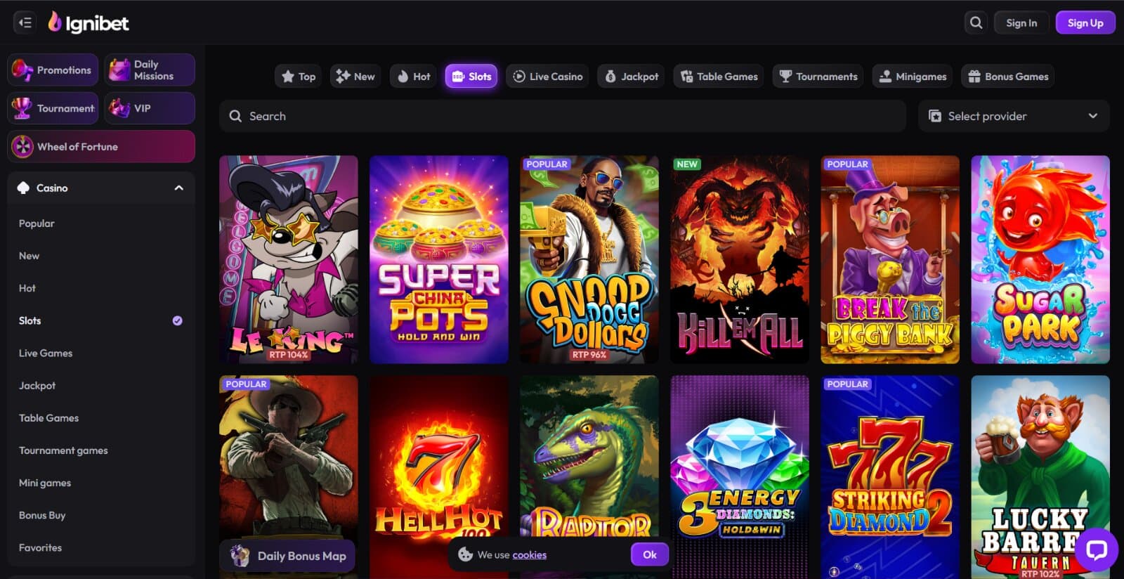 IgniBet Casino's game lobby with slot icons from top providers under lobby categories 