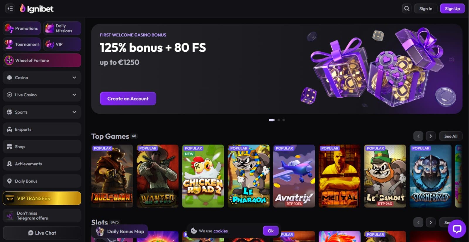 Ignibet Casino's landing page featuring the 125% first welcome casino bonus with banner image of purple presents above top slot games
