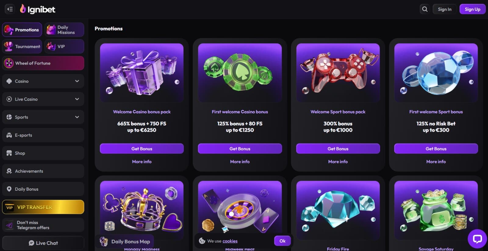 IgniBet Casino's promotions page featuring the welcome bonuses and weekly reload offers  with banner images and side menu