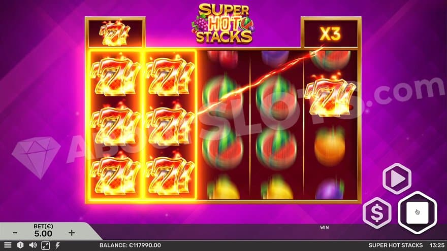 Stacked 7s on reels 1 and 2 increases the multiplier to 3X.