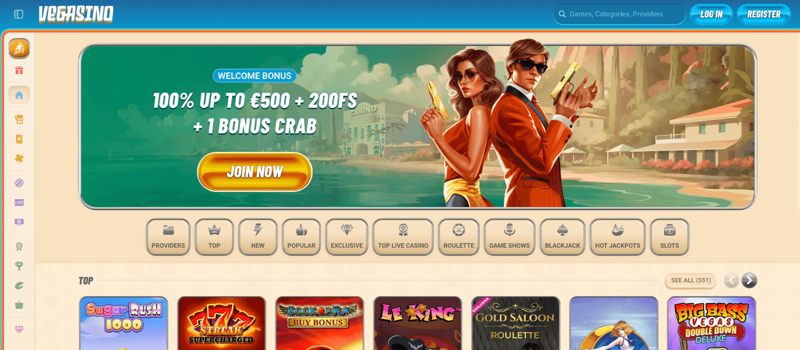 Vegasino landing page with inviting Welcome Bonus