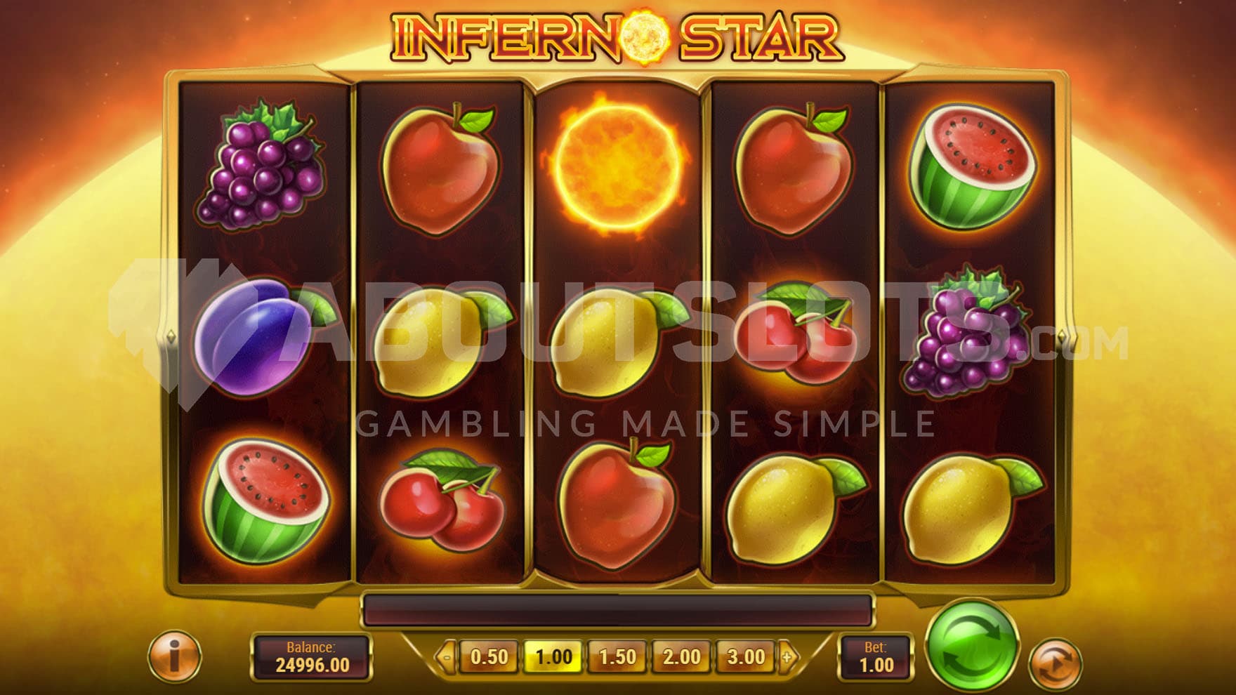Base Game view of a 5x3 grid populated by fruit symbols, on a backdrop of a shining sun.