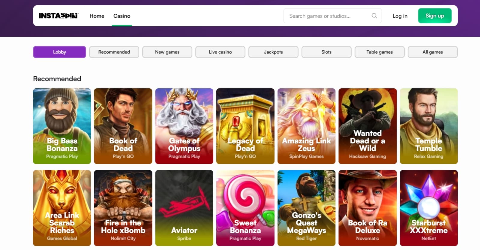 Instaspin Casino games page with recommended slots under category tabs, live casino, jackpots and table games