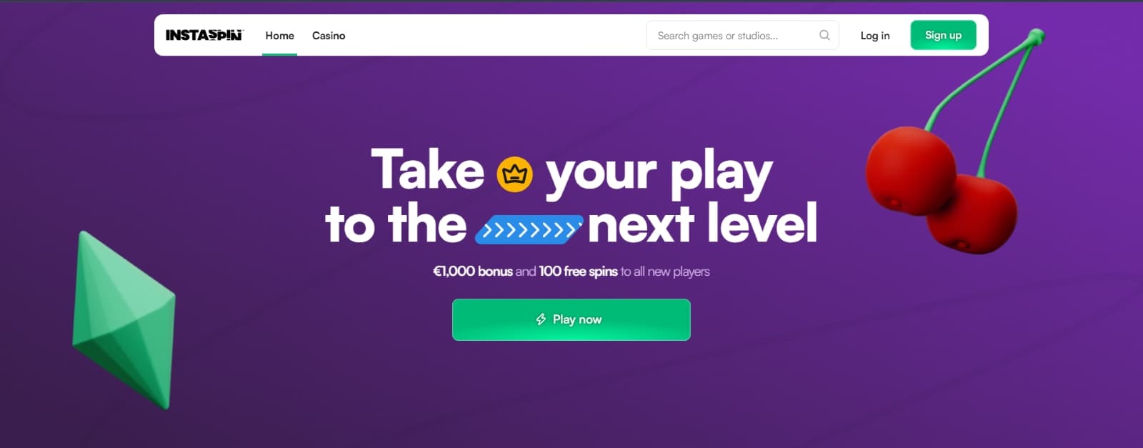 Instaspin Casino landing page with welcome banner featuring 1000 eur bonus 