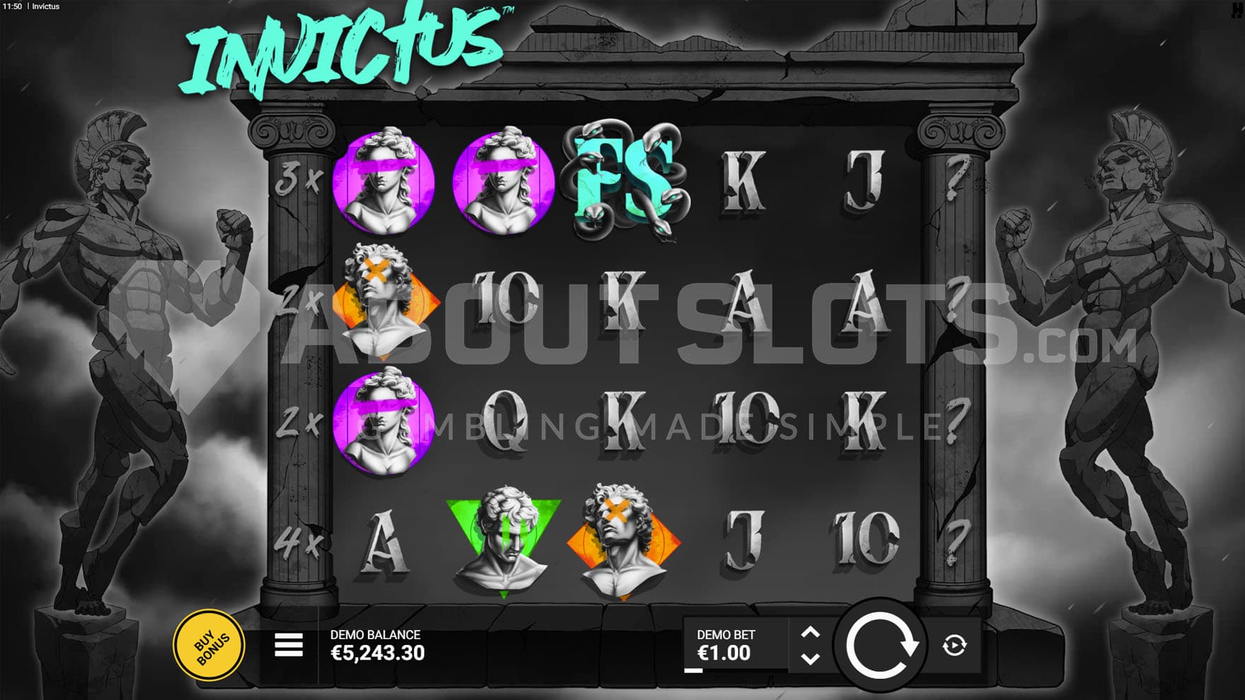 Base Game view of a 5x4 grid flanked by two statues of Ancient Roman soldiers.