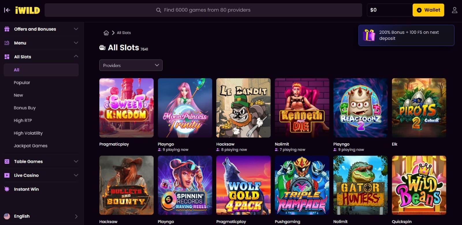 iWild Casino games page featuring slots such as Sweet kingdom, Le bandit, and Reactoonz