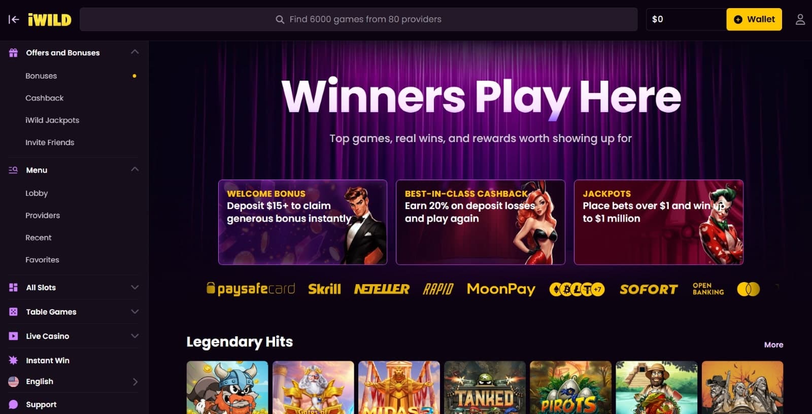 iWild Casino landing page featuring the welcome bonus, cashback, and jackpots above the latest games