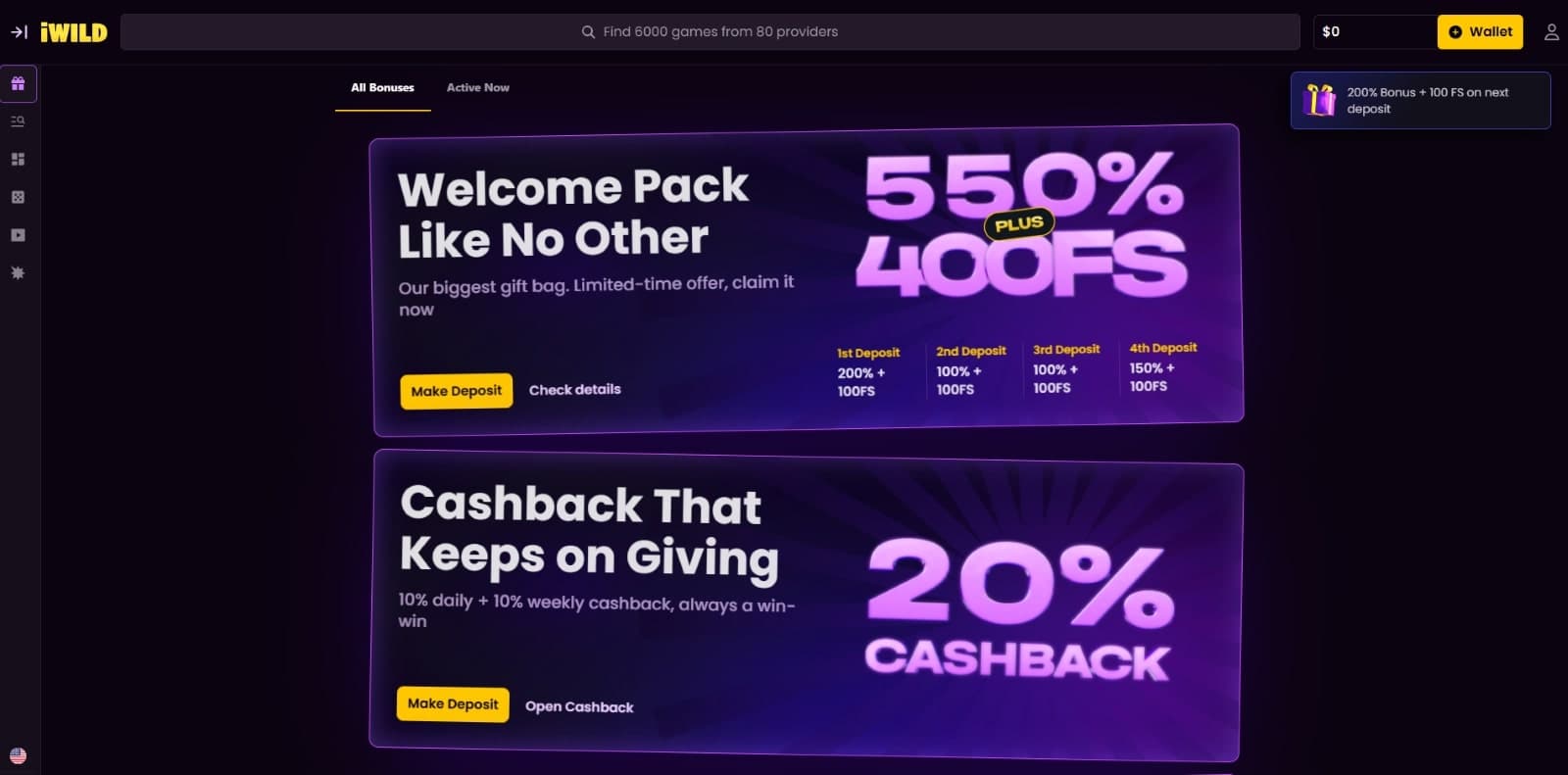 iWild Casino promotions page listing the 550% welcome bonus and daily and weekly cashback offer
