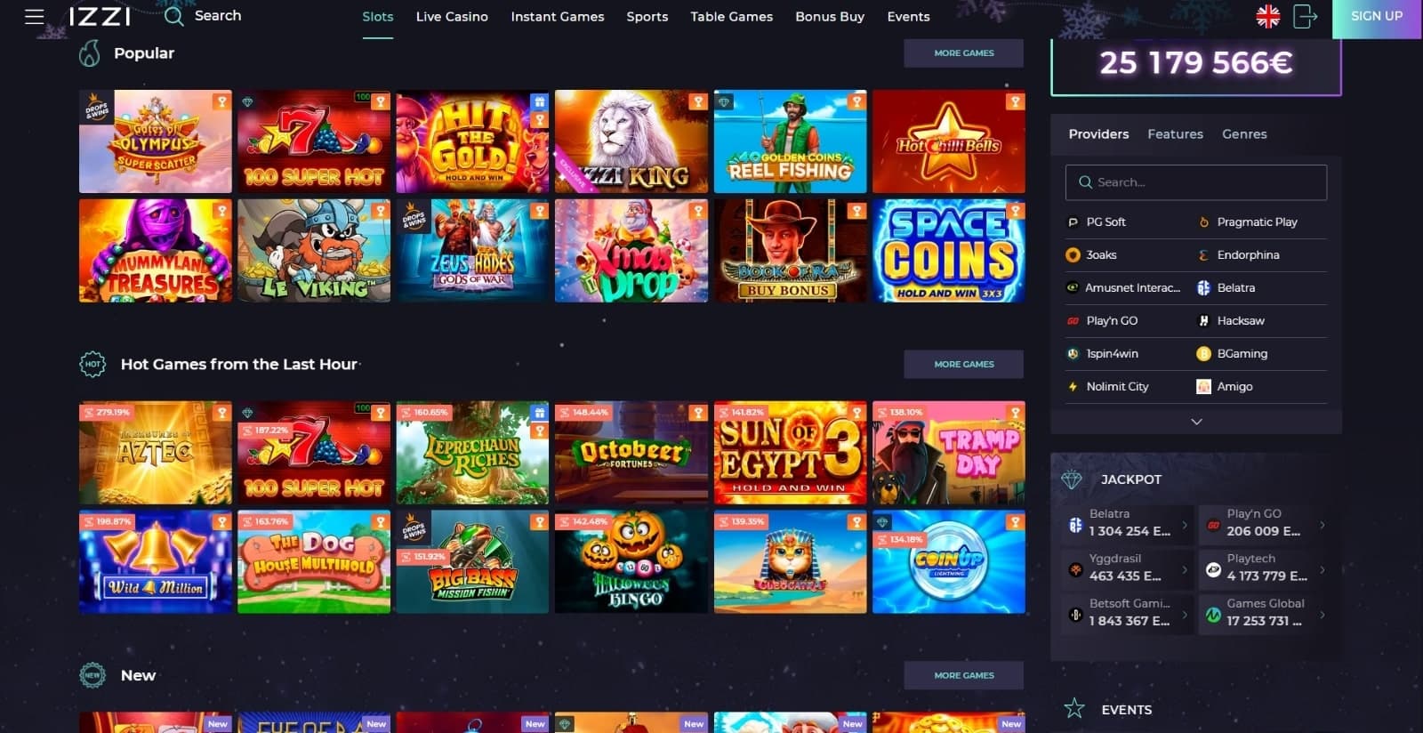 Izzi Casino games page with popular and new slots such as Gates of Olympus, Le Viking and other next to filters for provider, features, genres