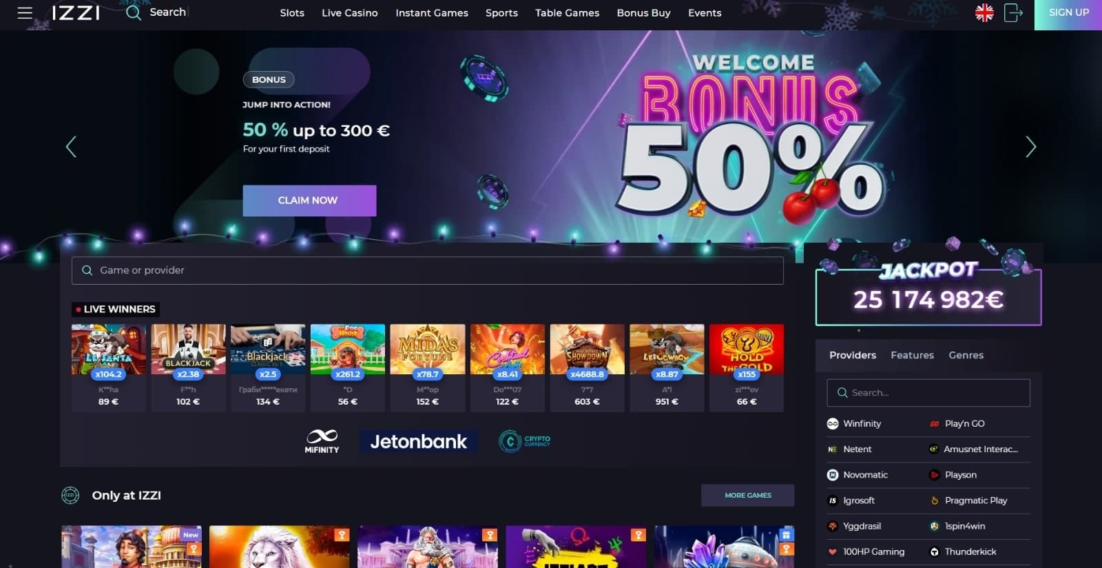 Izzi Casino landing page with the welcome bonus banner, game icons and provider search filters  