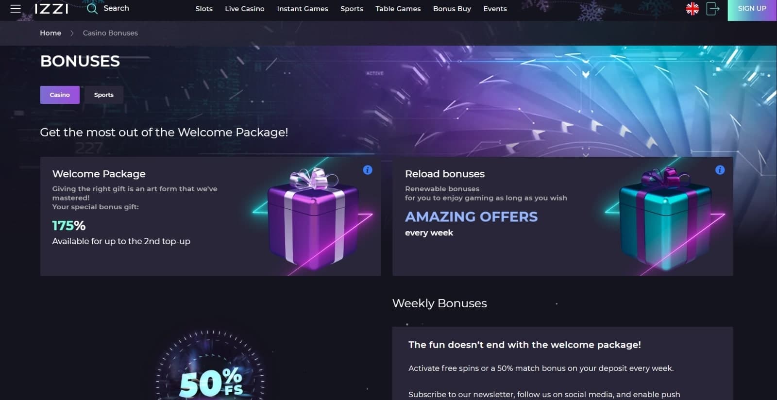Izzi Casino Promotions page with the welcome, reload and weekly bonus offer banners, their descriptions and top navigation menus