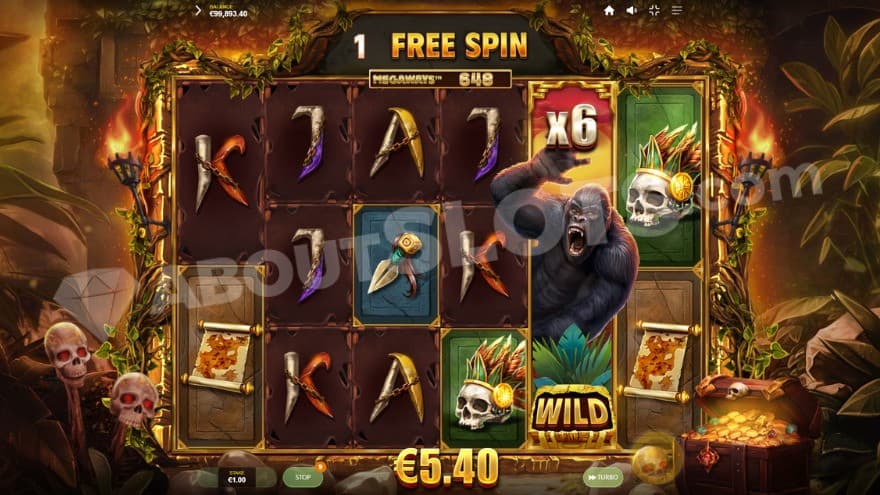 Free Spins bonus game with a 6X primate wild symbol on the fifth reel.