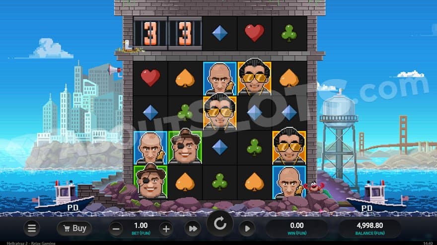 A casino slot on the Alcatraz island with San Francisco and the Golden Gate bridge in the background.