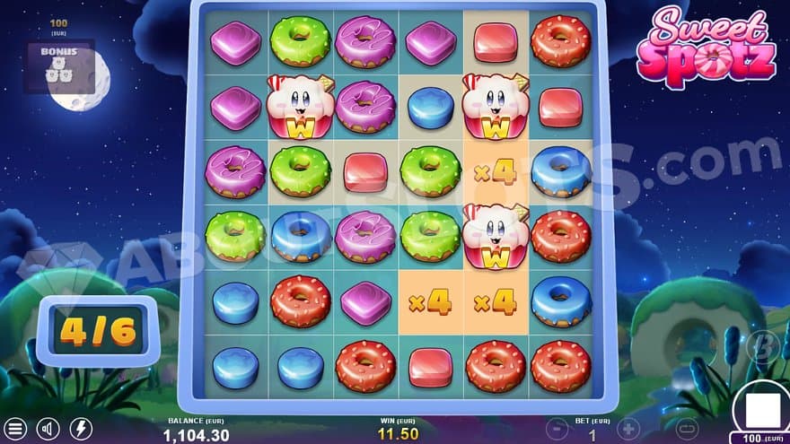 Three jumping wild cupcakes in the free spins. 