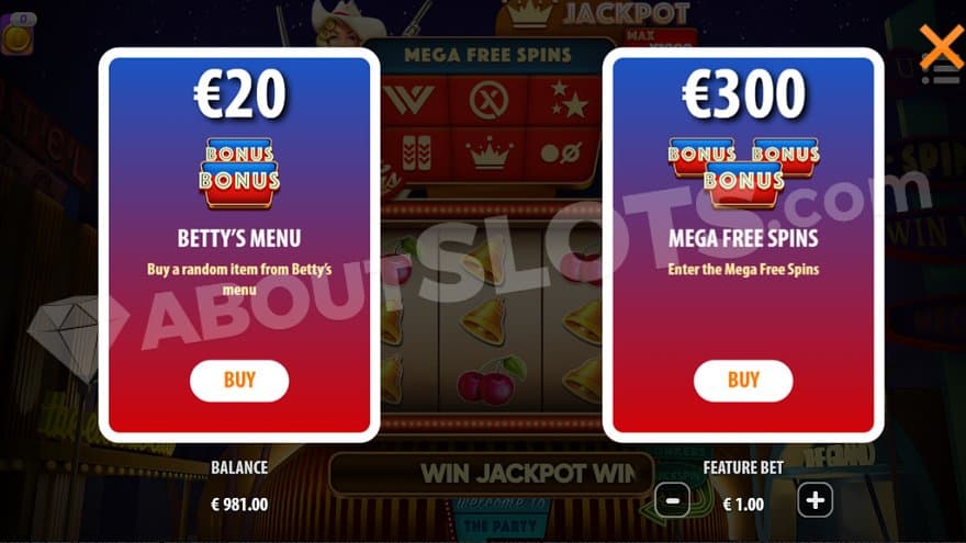 Two buttons indicate that you can buy Betty's Menu for 20X the bet or the Mega Free Spins for 300X the bet.