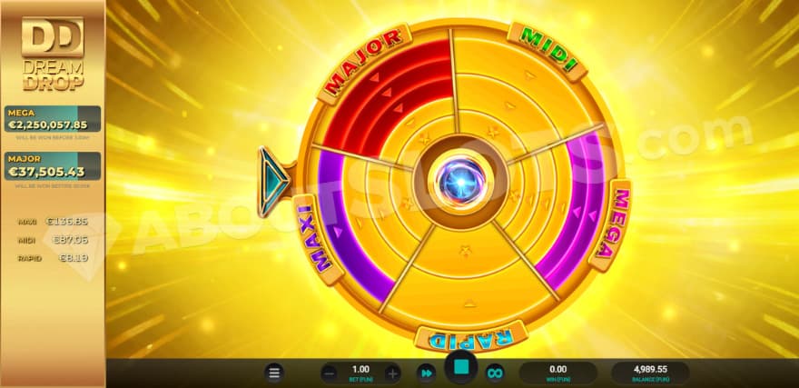 Dream Drop Jackpot feature with a golden wheel showing Rapid, Midi, Mega, Maxi, and Major Jackpots.
